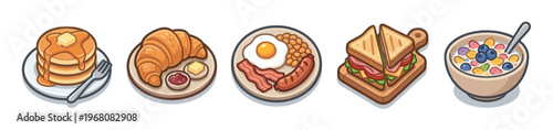 This is a vibrant illustration of five distinct breakfast meals, including pancakes, croissants, a full English breakfast, a sandwich, and cereal with berries, all isolated on a white background.