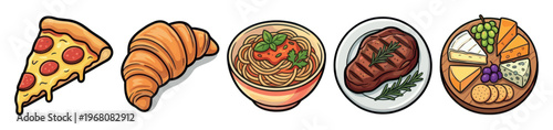 A vibrant, flat illustration showcases a collection of popular foods including pizza, croissant, pasta, steak, and a cheese board, perfect for culinary themes.
