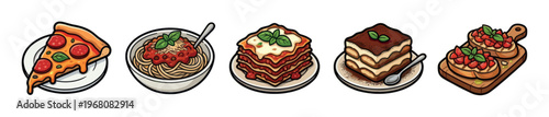 A vibrant illustration features a selection of popular Italian dishes including pizza, spaghetti, lasagna, tiramisu, and bruschetta, perfect for culinary themes.