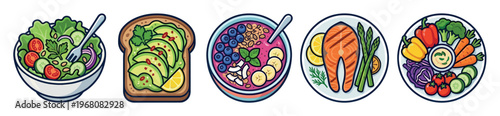 A vibrant, illustrated collection of five healthy meal options including salad, avocado toast, smoothie bowl, salmon with asparagus, and a vegetable platter with dip.