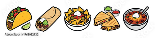 A vibrant collection of cartoon-style Mexican food icons, including a taco, burrito, nachos, quesadilla, and chili, set against a clean white background.