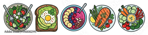 A vibrant, flat lay illustration showcases a collection of five healthy meals including salad, avocado toast, acai bowl, salmon, perfect for depicting nutrition and lifestyle.