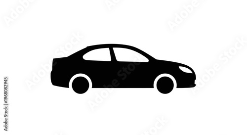 Black silhouette icon of a car, side view sedan vehicle graphic, minimalist automobile symbol on white background.