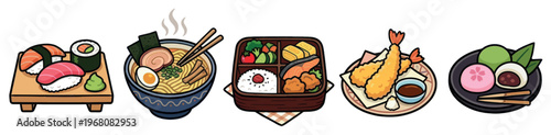 A charming flat illustration features a vibrant assortment of popular Japanese foods, including sushi, ramen, bento, tempura, and mochi, on a clean white background.