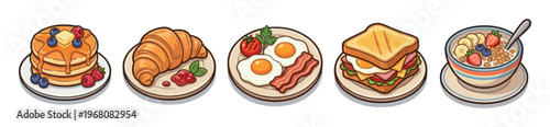 A colorful collection of five distinct breakfast dishes, including pancakes, a croissant, eggs with bacon, a sandwich, and cereal, presented with a clean, illustrative style.