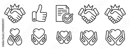 Handshake Icon Set for Business Agreement and Partnership Deal, Friendly Handshake with Check Mark Symbol for Trust, Collaboration, and Approval, Vector Illustration for Apps, UI, and Websites