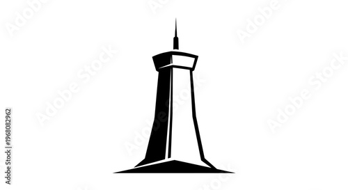 Modern stylized black and white vector illustration of a tall communication and observation tower with an antenna, urban landmark.