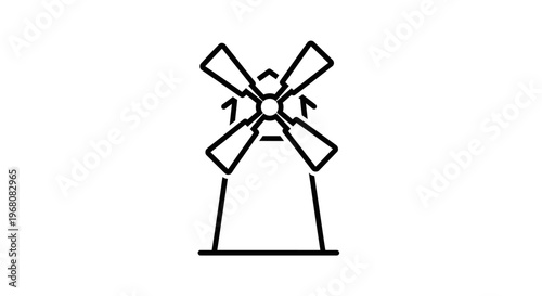 Minimalist windmill icon with rotating blades, representing renewable wind energy, sustainable power, and traditional mill line art.