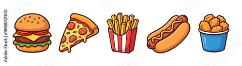 A collection of cartoon-style fast food icons including a burger, pizza, french fries, hot dog, and chicken nuggets on a white background.