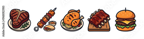 A vibrant collection of hand-drawn cartoon food icons featuring steak, skewers, whole chicken, ribs, and a burger, perfect for menus or recipe illustrations.