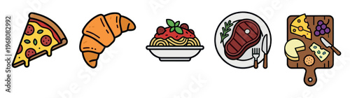 A vibrant collection of flat design food icons including pizza, croissant, pasta, steak, and cheese platter on a white background.