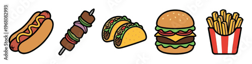 A collection of popular fast food items including a hot dog, kebab skewer, tacos, hamburger, and french fries, rendered in a simple, clean cartoon style.