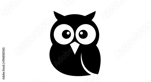 Simple black owl icon illustration. Cute cartoon bird symbol, isolated on white background. Minimalist vector graphic.