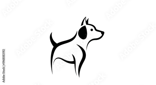 Simple black and white dog illustration. Minimalist line art puppy pet animal graphic icon for veterinary, pet care, or animal welfare design.