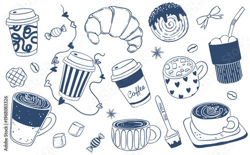 Hand Drawn Drinks Set with Coffee Cups, Hot Cocoa,  Croissant and Sweets. Outline Illustrations. Line collection for menu design, bakery and packaging. 