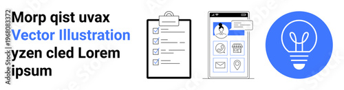 Business planning, organization tools, user profile design, mobile applications, creativity concepts, and innovation. Clipboard checklist, mobile user interface and blue light bulb icon. Business