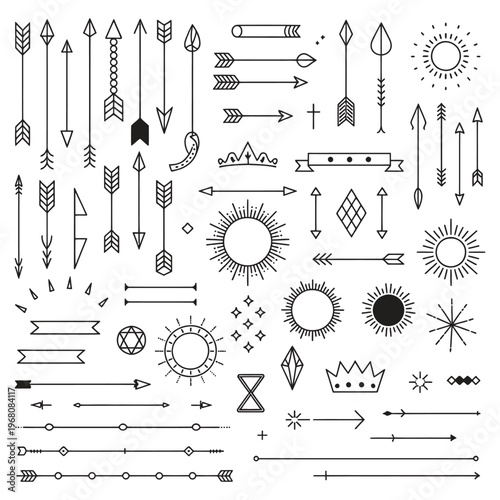 Linear Thin Line Art Deco Design Elements Set, Retro Vintage Geometric Shapes and Outline Symbols Collection for Elegant Frames, Dividers, Branding, Invitations, Posters, and Layouts