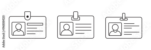 ID card icon set. Identification card with person icon and lines for text isolated on white background. ID badge icon collection for ui ux work. 