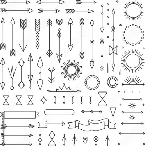 Linear Thin Line Art Deco Design Elements Set, Retro Vintage Geometric Shapes and Outline Symbols Collection for Elegant Frames, Dividers, Branding, Invitations, Posters, and Layouts