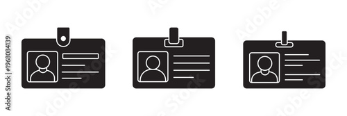 ID card icon set. Identification card with person icon and lines for text isolated on white background. ID badge icon collection for ui ux work. 