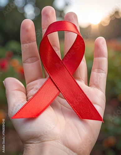 Red ribbon in palm; awareness support shown