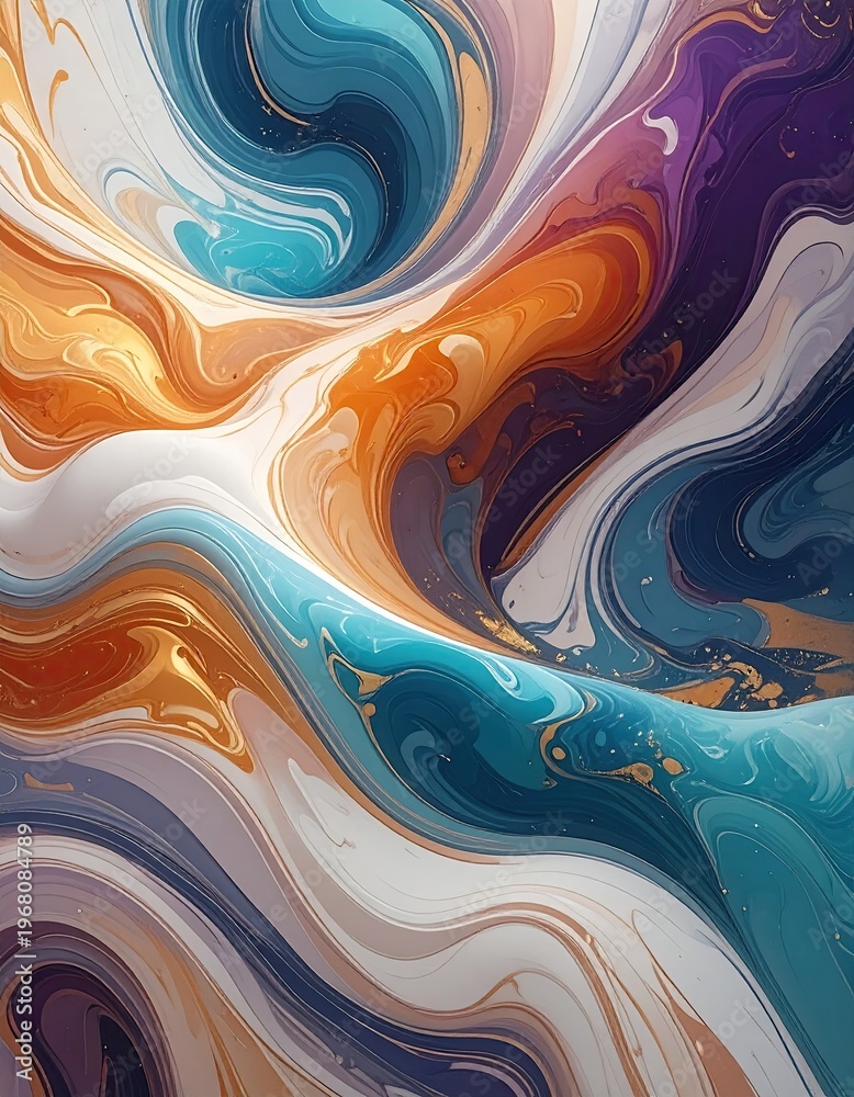 Fototapeta premium Fluid swirls turquoise, orange, white, and violet waves