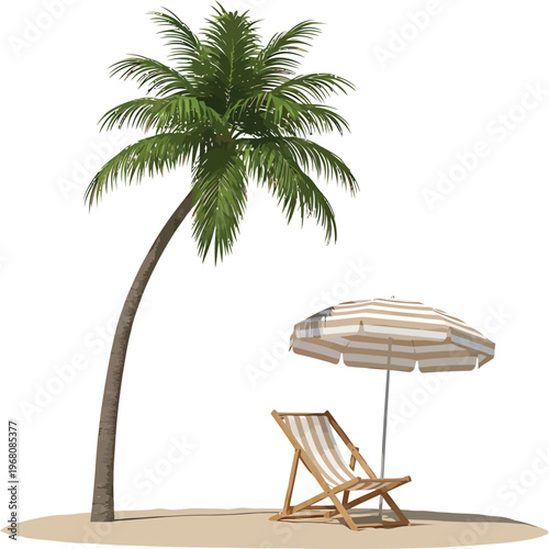 Palm Tree Beach Chair and Umbrella on Sandy Island