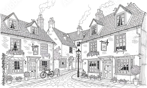 Traditional English Village Street with Houses and Bicycle
