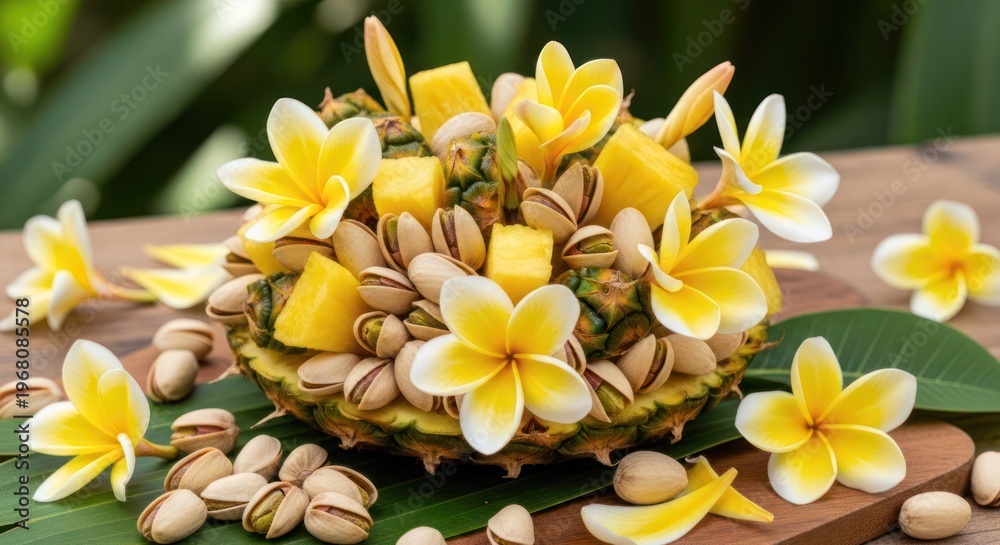 Obraz premium A pineapple centerpiece decorated with mango slices, pistachios, and frangipani flowers on a wooden surface. The background features green foliage, creating a tropical and vibrant setting.