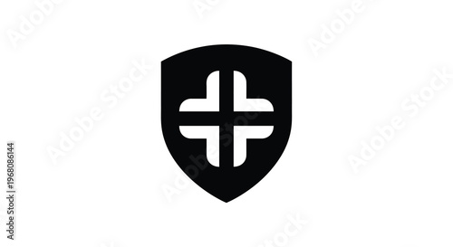 A stark black shield emblem features a white cross design reminiscent of medieval heraldry high quality