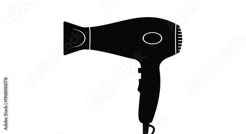 A simple black silhouette depicts a modern hair dryer against a plain white background high quality