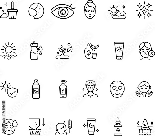 Skincare Beauty And Cosmetic Line Icons Set Facial Treatment Dermatology Routine Sunscreen Cleanser Outline Vector Collection