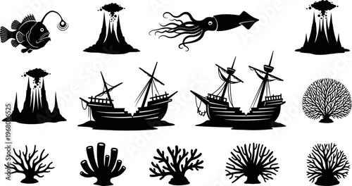 Black and White Deep Sea Silhouette Set Featuring Shipwrecks, Giant Squid, Anglerfish, Underwater Volcanoes, and Various Tropical Coral Reef Elements for Nautical Graphic Design.