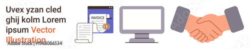 Business transactions, online invoicing, partnerships, financial records management, professional agreements, collaboration. Monitor, handshake invoice and document icons. Business transactions