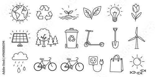 Hand drawn sustainable energy and eco friendly transportation icon set illustration
