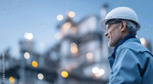 Experienced male engineer gazes thoughtfully at a blurred industrial refinery illuminated during twilight hour.