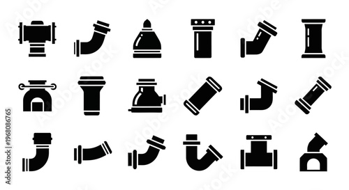 Black pipe fittings, plumbing icons, 20 tube connectors, elbow joints, valve symbols, industrial piping elements