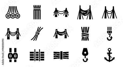 Nautical rope knot icons, anchor symbols, sailing cord graphics, marine rope illustrations