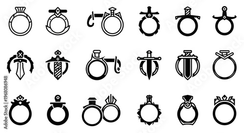 Black and white jewelry icons, ring designs, engagement ring illustrations, wedding ring graphics, 20 piece vector set