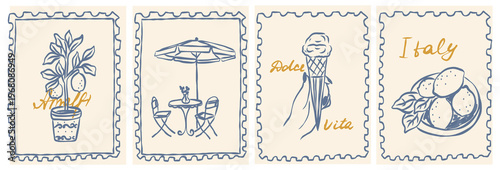Doodle vintage mediterranean summer vacation stamps collection