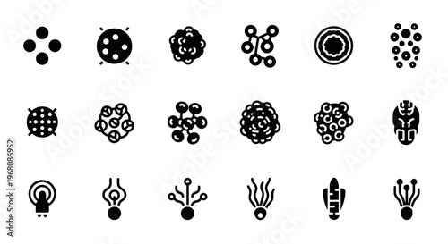 Black and white biology icons, science symbols, microorganism illustrations, 20 cell biology vector graphics