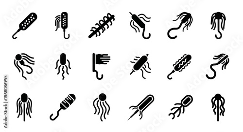 Fishing Lure Icons, Black Silhouettes, Vector Set of 16, Fishing Hook Baits