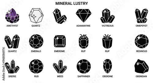 Mineral icons, gemstone symbols, luster vector set, 20 precious stone illustrations