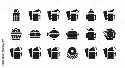 Black coffee cup icons, vector coffee symbols, 16 cup and saucer graphics, black and white cafe signs