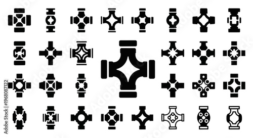 Industrial pipe fitting icons, black and white vector set, 25 plumbing symbols, pipe connector graphics