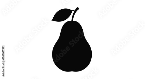 A simple black silhouette depicts a single pear with a stem and leaf against white