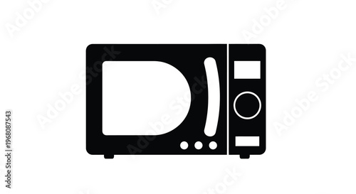 A simple black and white illustration depicts a standard kitchen microwave oven with a door