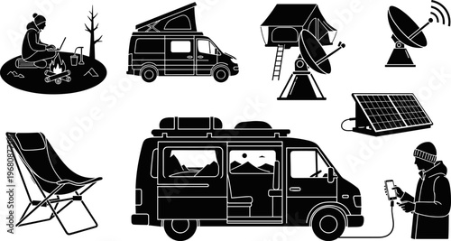 Black silhouette vector illustration of digital nomad van life camping set featuring camper van solar panels satellite internet dish folding chair man working on laptop by campfire 