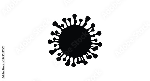 A stark black silhouette depicts a coronavirus with numerous protruding spike proteins high quality professional detailed