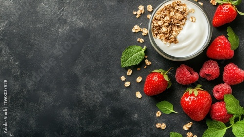 Fresh berries and creamy yogurt with granola on a dark stone surface, representing healthy eating and natural ingredients.